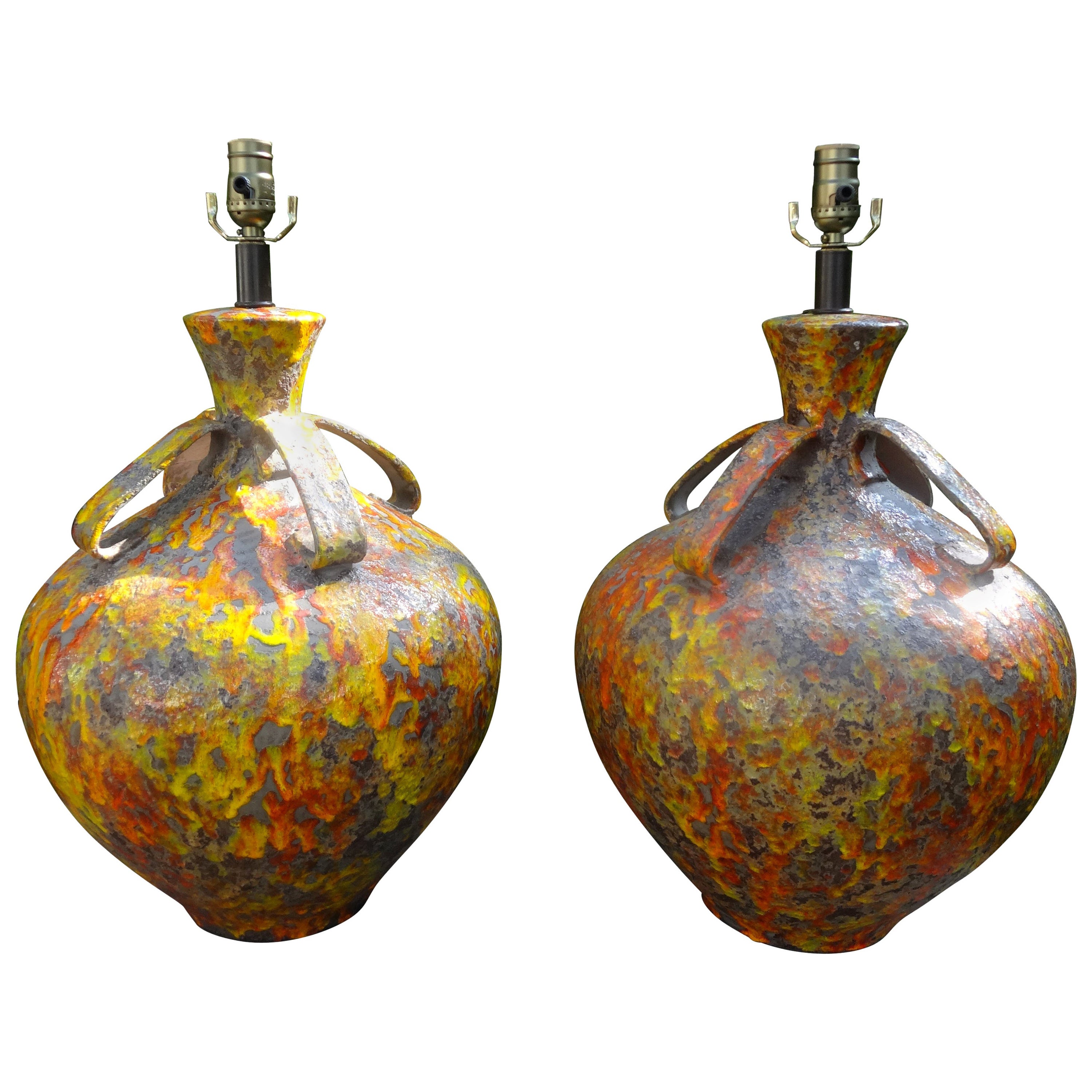 Pair of Hollywood Regency Glazed Ceramic Lamps For Sale