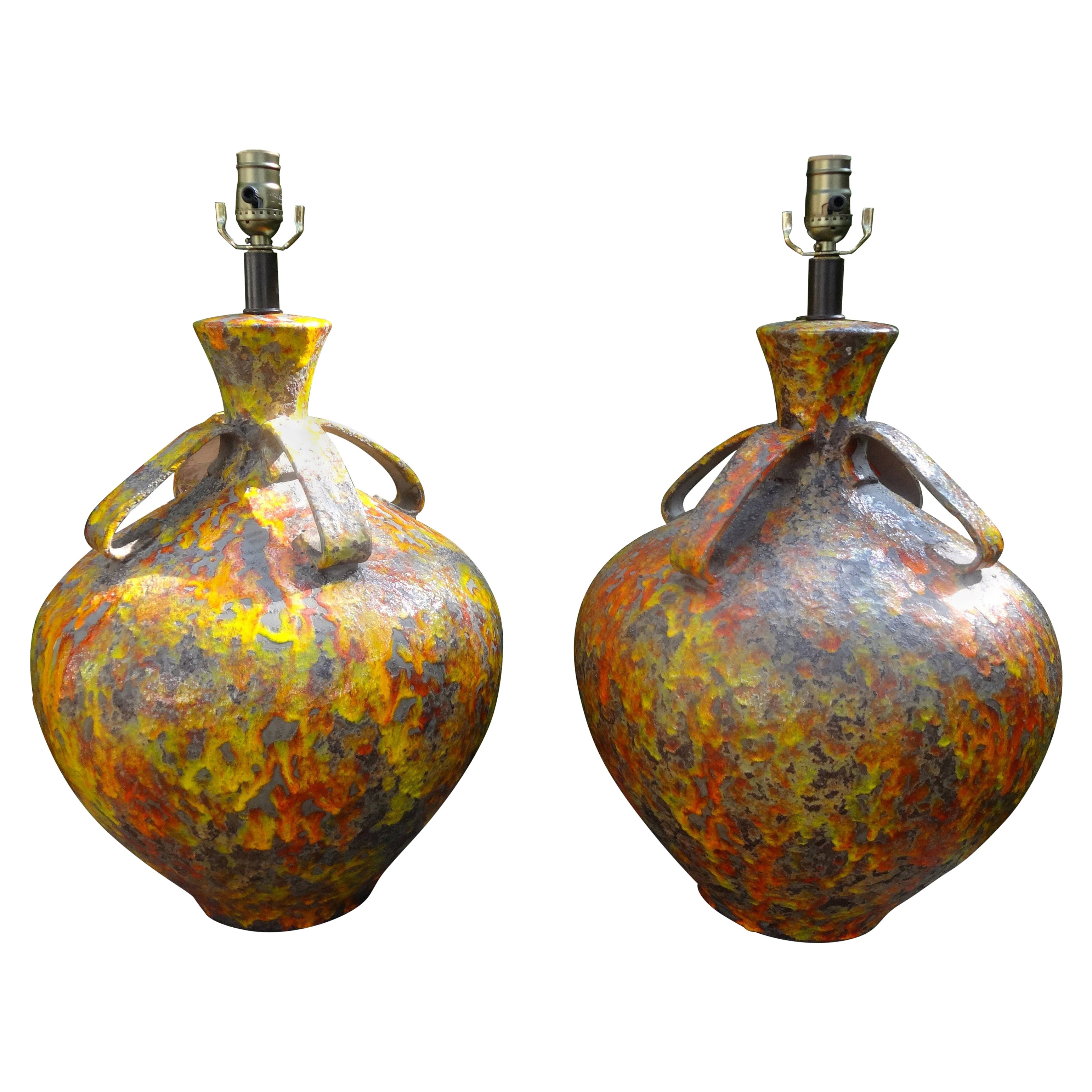 Pair of Hollywood Regency Glazed Ceramic Lamps