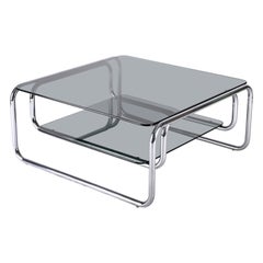 Midcentury Chromed Steel Italian Coffee Table with Smoked Glasses, Cassina 1970s