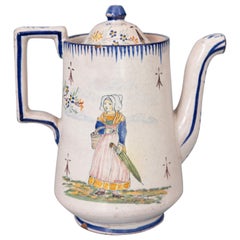Französischer Malicorne-Teekanne aus Fayence des 19. Jahrhunderts
