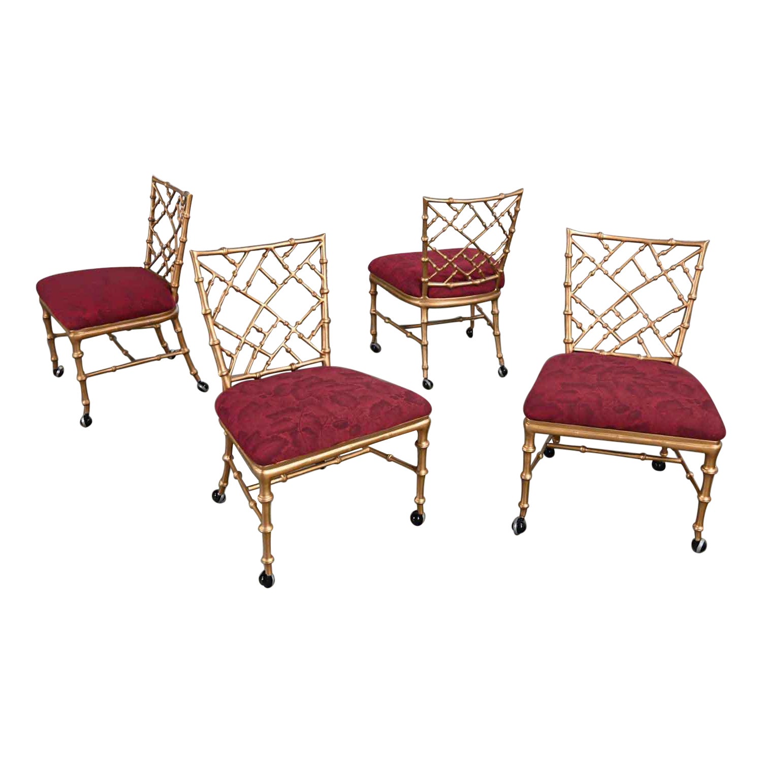 Chinoiserie Faux Bamboo Gold Painted Metal Chairs Rolling Style Phyllis Morris For Sale