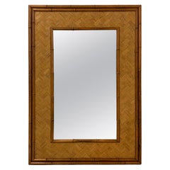 Carved Wood Faux Bamboo Mirror with Lattice Rattan circa 1970
