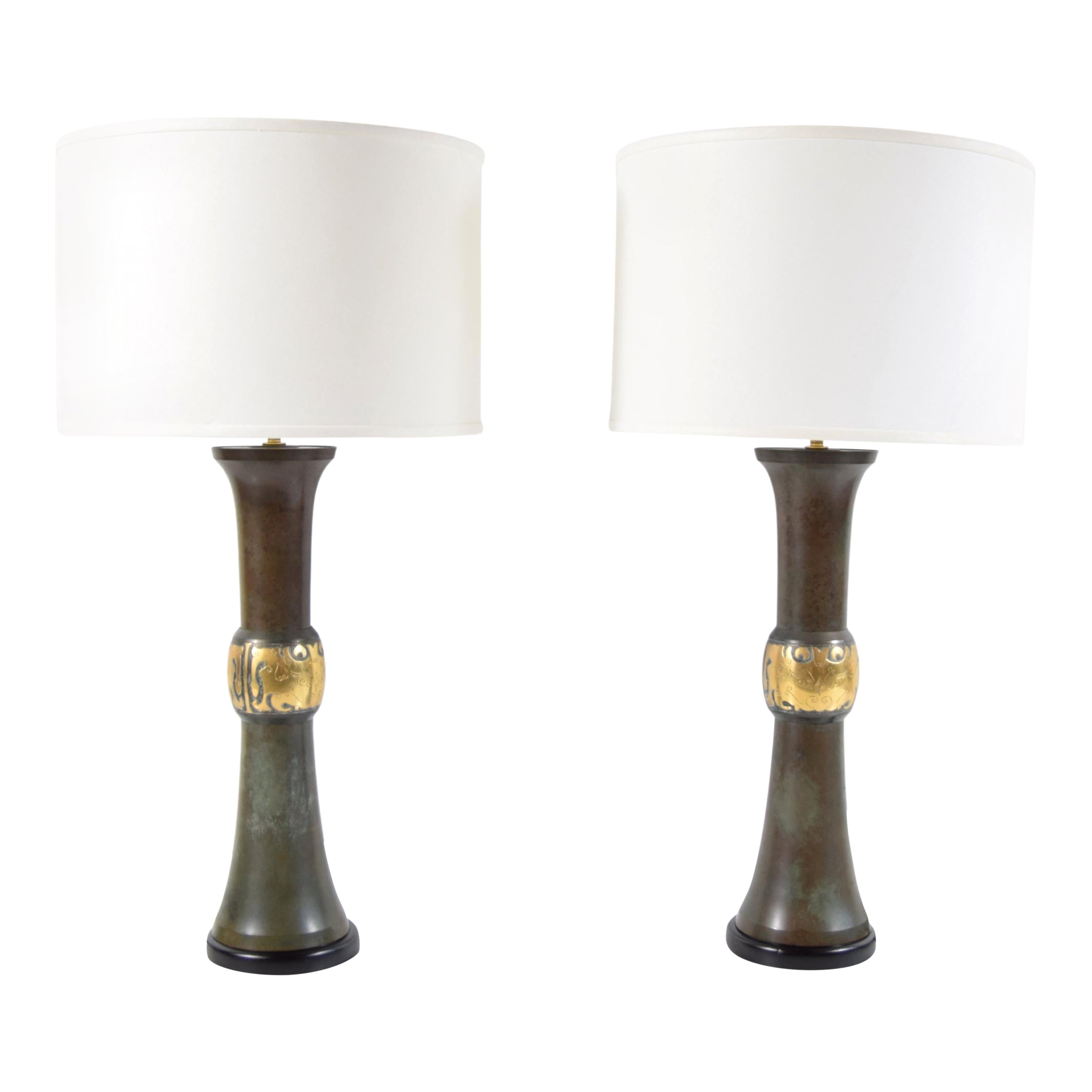 Pair of Patinated Bronze and Brass Asian Motif Table Lamps For Sale