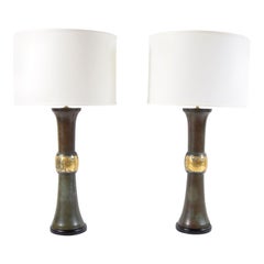 Pair of Patinated Bronze and Brass Asian Motif Table Lamps
