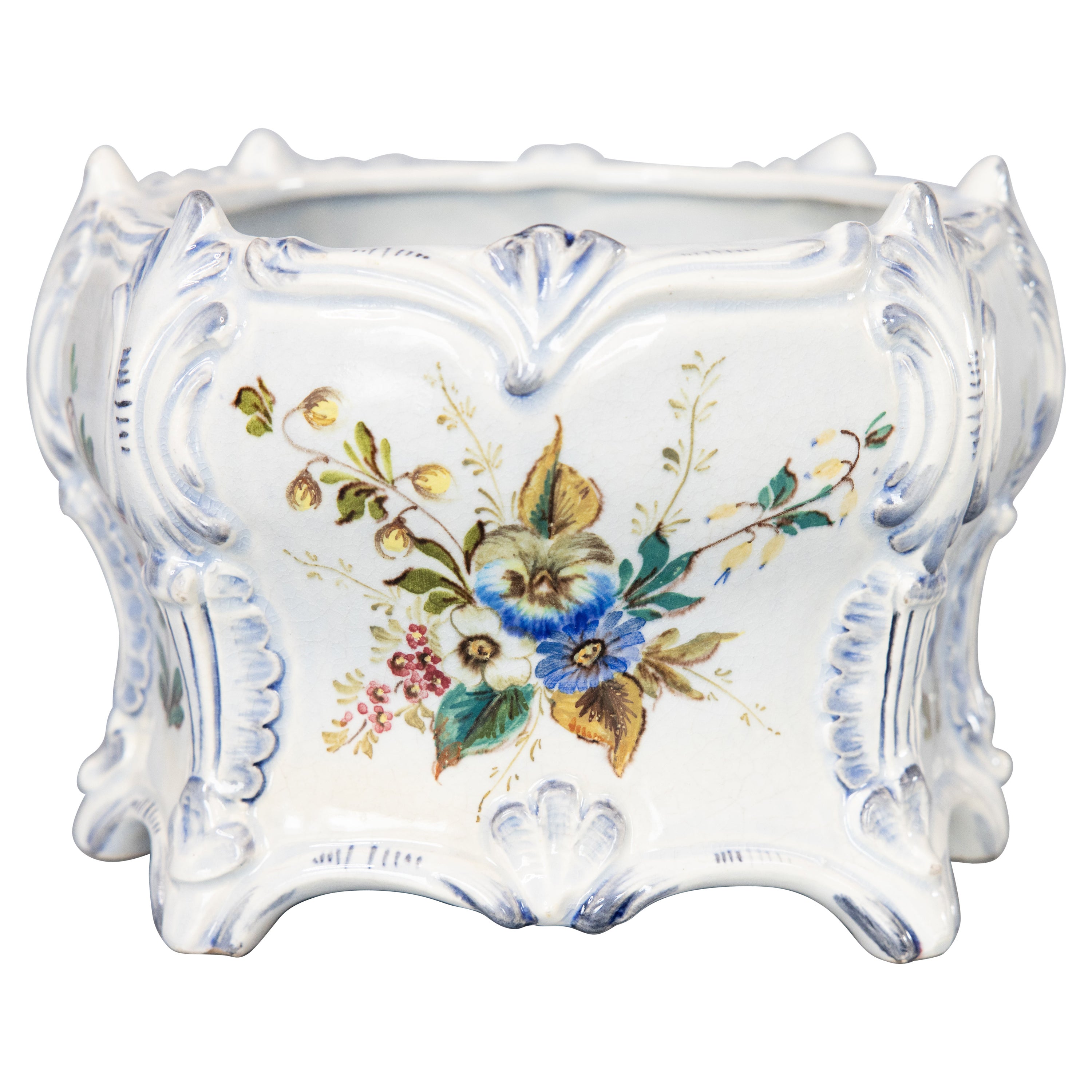 19th Century, French Country Floral Faience Cachepot Jardiniere Planter