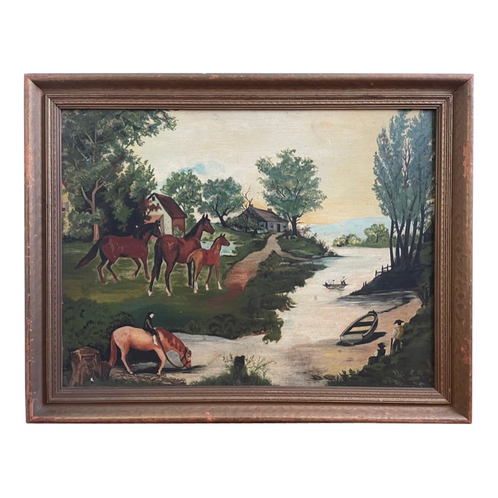 Peinture à l'huile d'art populaire américain du XIXe siècle - Paysage avec chevaux et rivière en vente