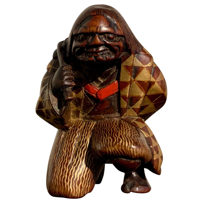 Carved Boxwood and Lacquer Netsuke of a Noh Dancer, Meiji Period, Japan For Sale