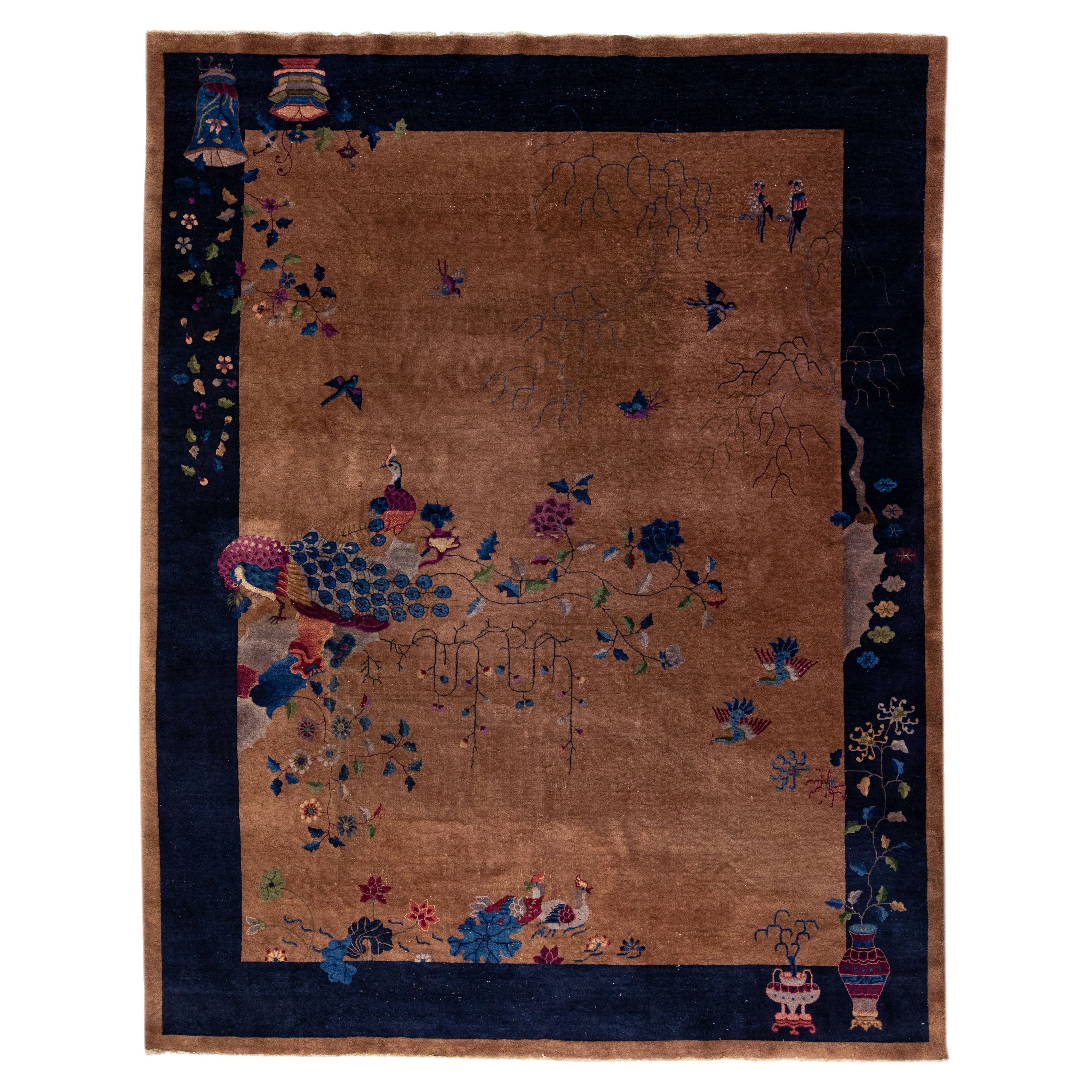 Antique Chinese Art Deco Handmade Navy Blue Wool Rug with a Traditional