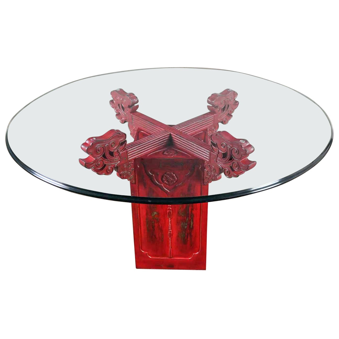Chinoiserie Dining Table Distressed Red Asian Pedestal Base & Round Glass Top