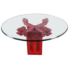 Vintage Chinoiserie Dining Table Distressed Red Asian Pedestal Base & Round Glass Top