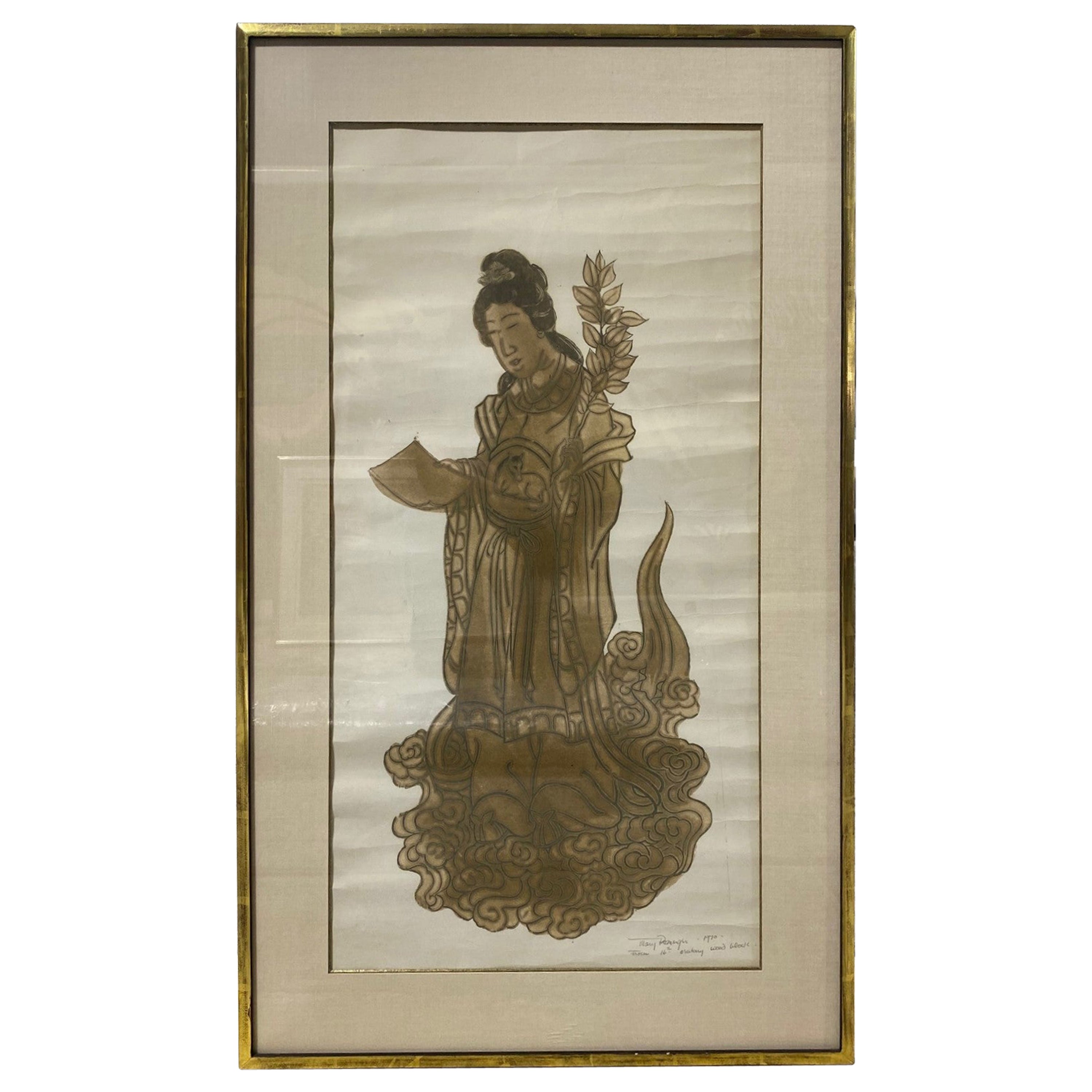 Mary Gardner Preminger Signed Print from 16th Century Buddhist Buddha Woodblock For Sale