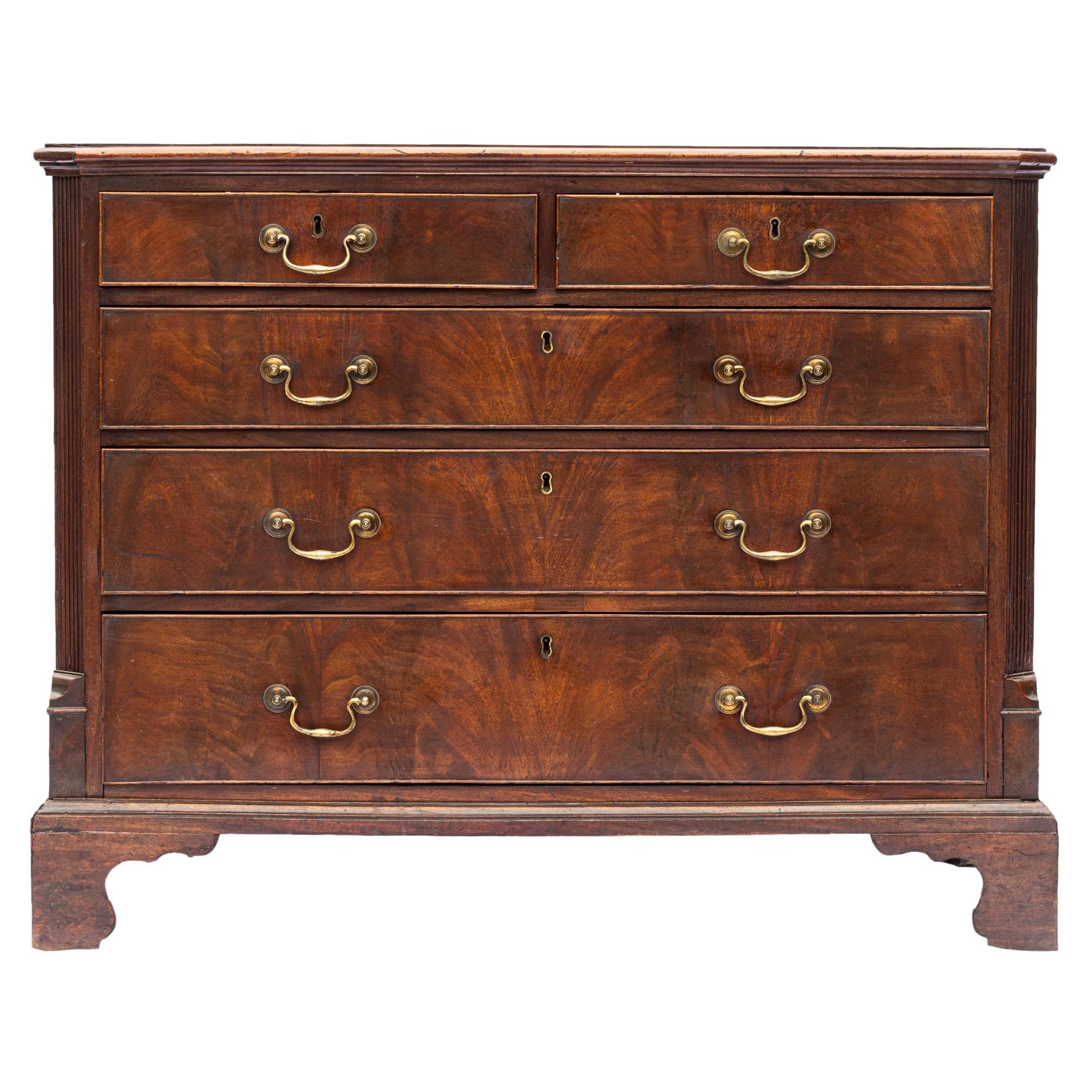 George III Mahogany Chest with Banded Top, Canted Corners, and Reeded Posts,  For Sale