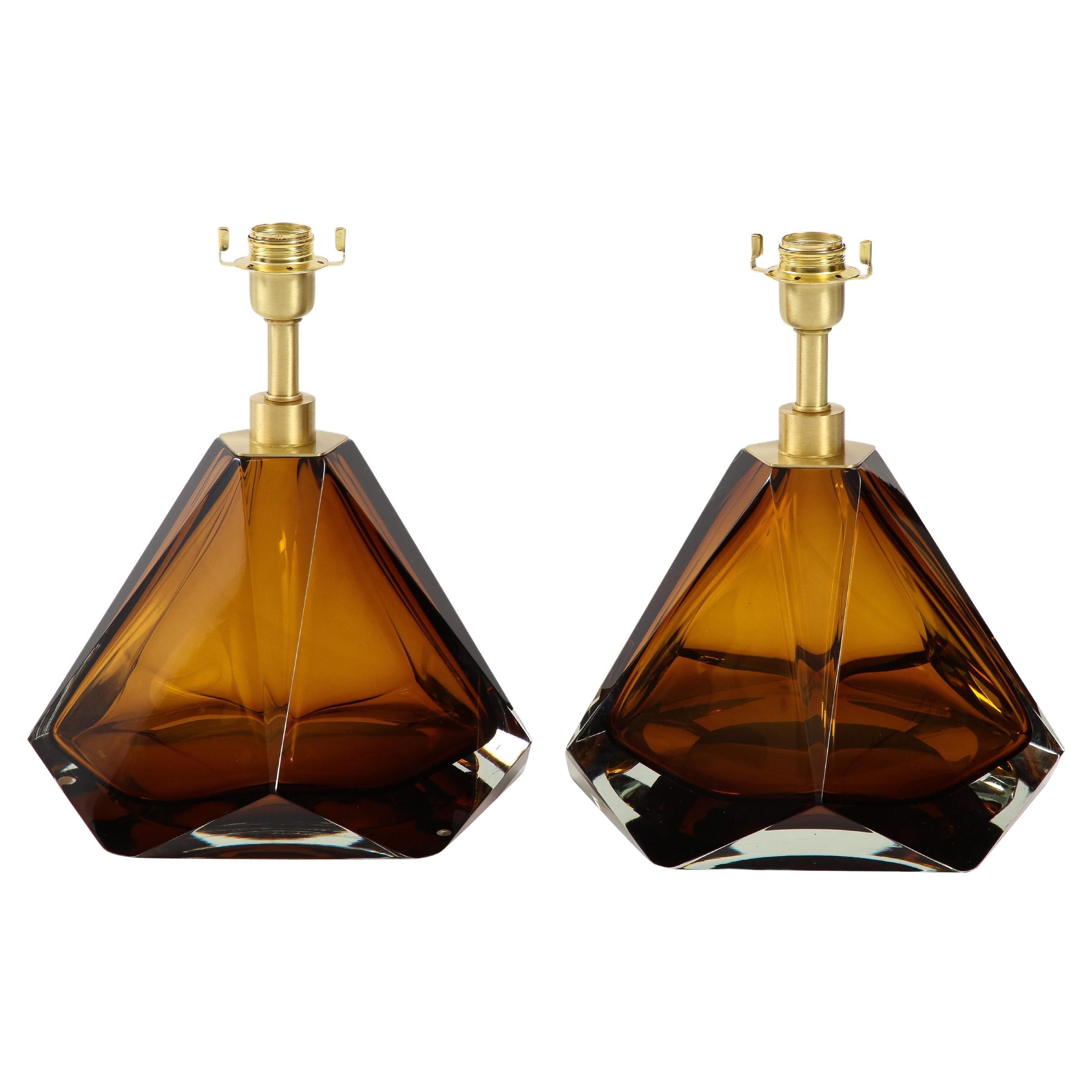 Pair of Solid Tobacco or Amber Murano Glass and Brass Lamps, Signed, Italy