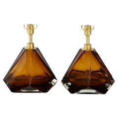 Pair of Solid Tobacco or Amber Murano Glass and Brass Lamps, Signed, Italy, 2022