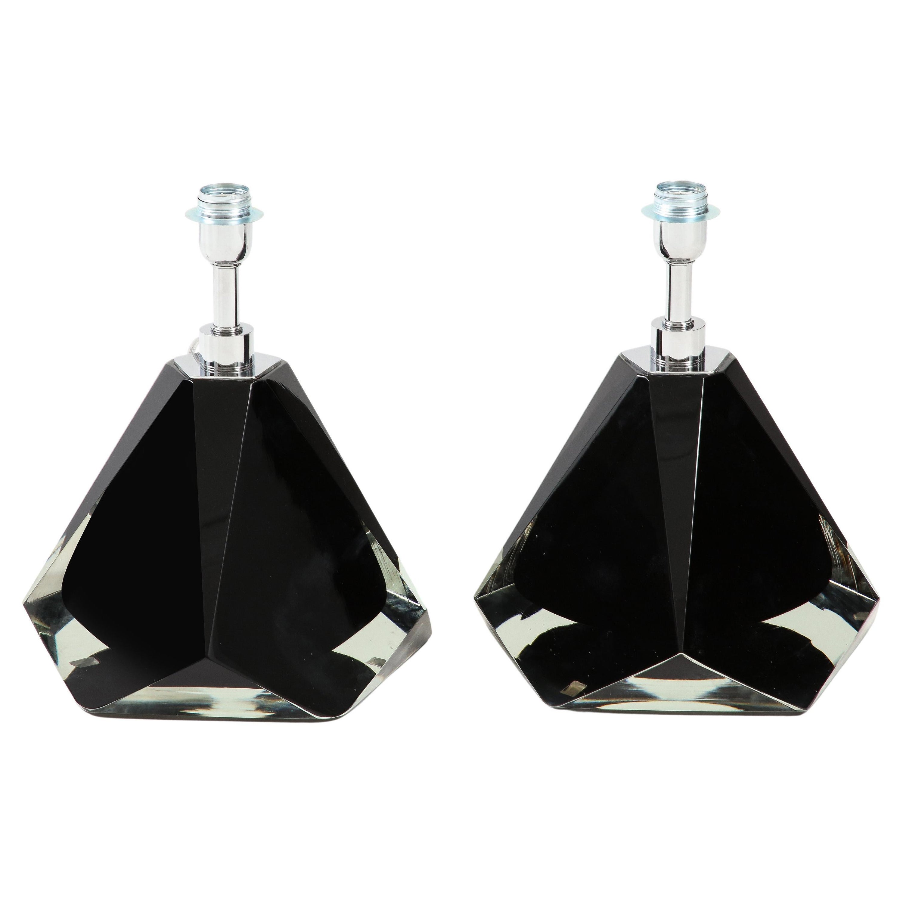 Pair of Jeweled Faceted Black Solid Murano Glass and Chrome Lamps, Italy, 2022 For Sale