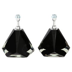Pair of Jeweled Faceted Black Solid Murano Glass and Chrome Lamps, Italy, 2022