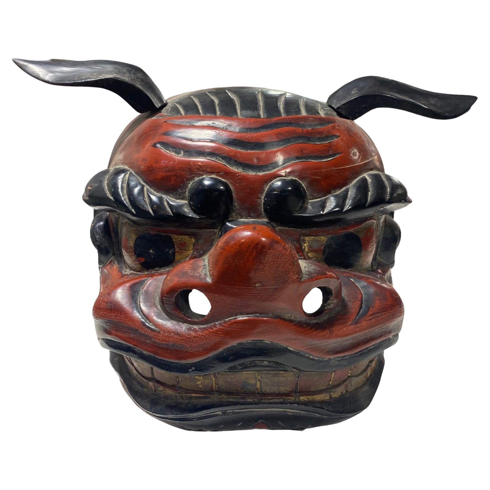 Sculpture de masque en bois japonais du lion Shi Shishi Mai dansant Gashira Noh