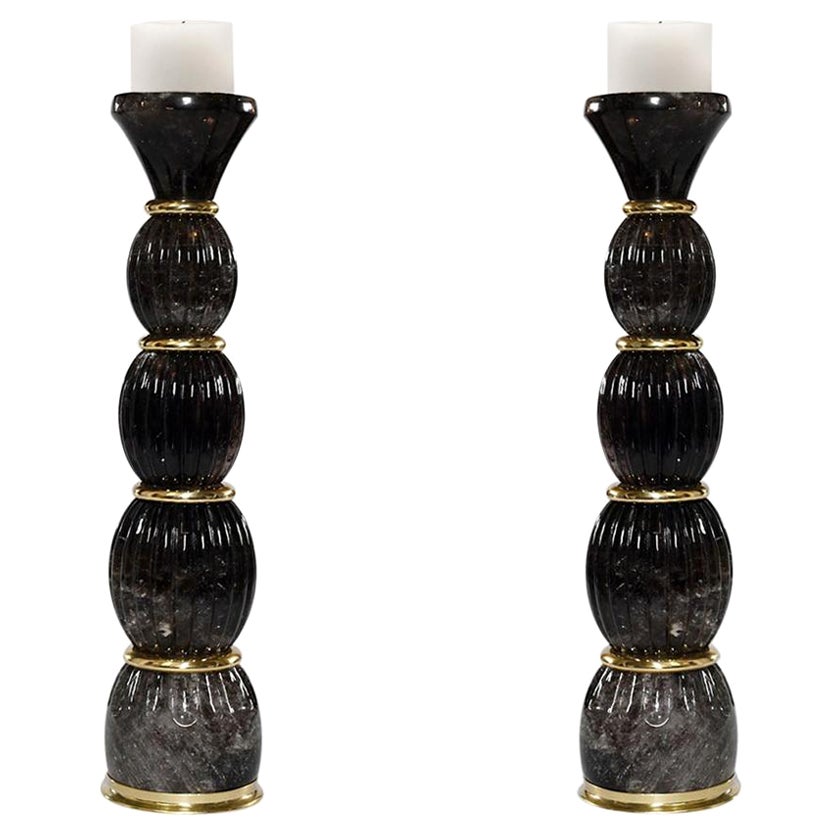 Smoky Rock Crystal Candleholders by Phoenix For Sale