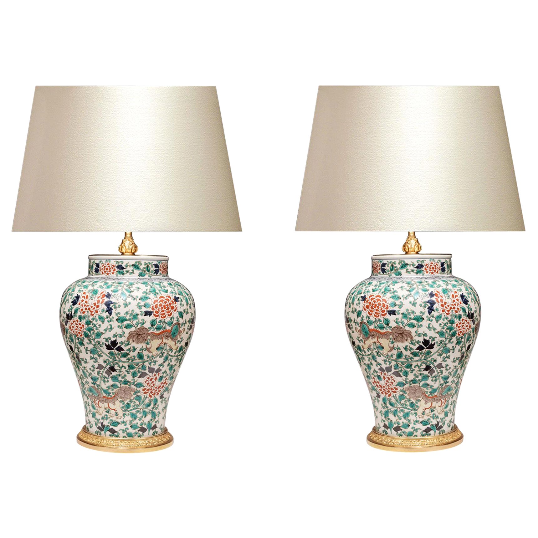 Pair of Fine Painted Famille Verte Porcelain Lamps