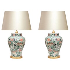 Pair of Fine Painted Famille Verte Porcelain Lamps