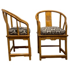 Pair of Vintage Modern Ming Horseshoe Chairs with Geometric Cushions