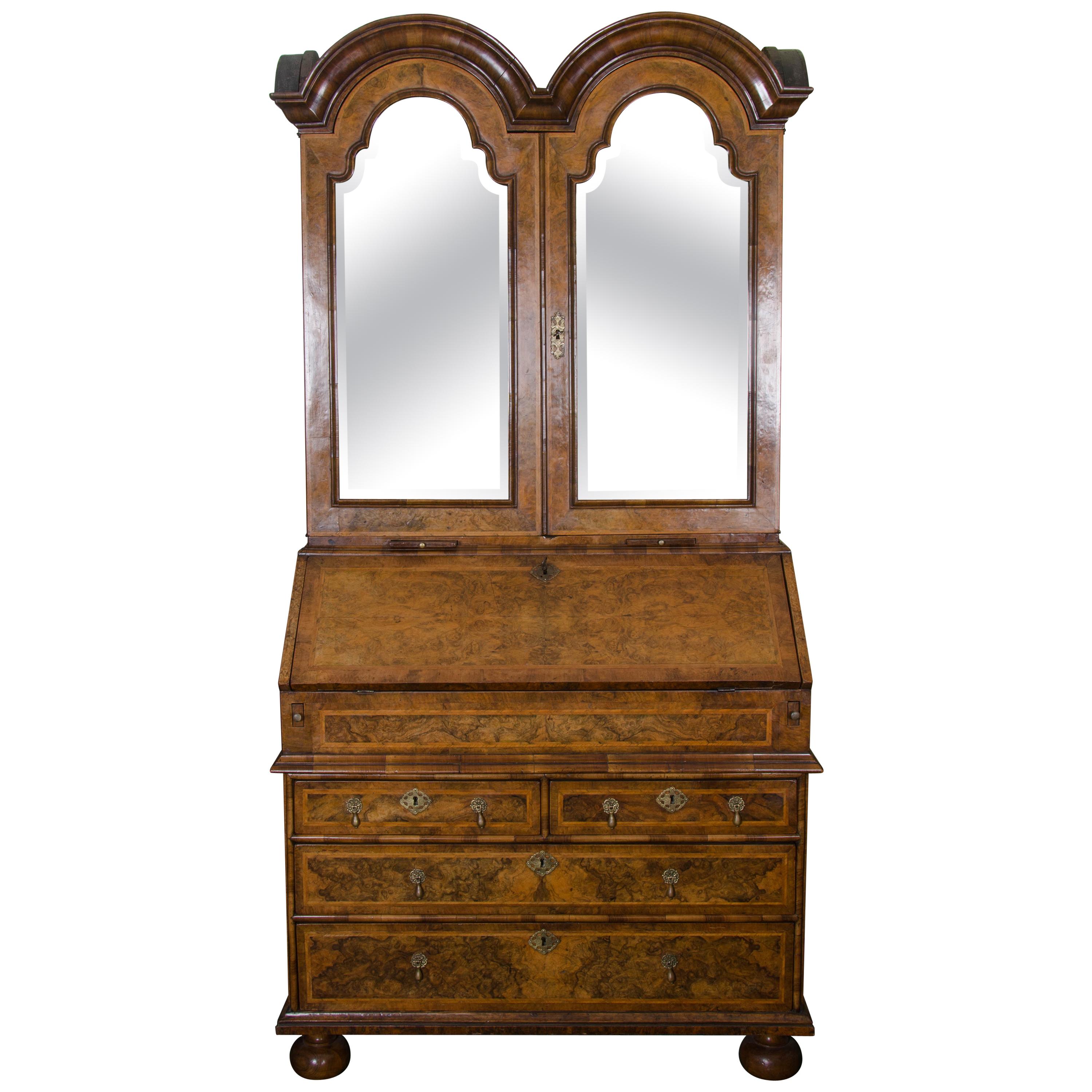 18th Century Queen Anne Period Walnut Double Dome Bureau Bookcase