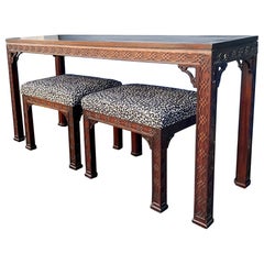1960s Chinese Chippendale Style Console Table and Leopard Ottomans by Kindel