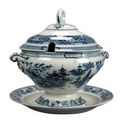 Antique Shanghai Flow Blue Porcelain China Soup Tureen & Liner, Circa 1870
