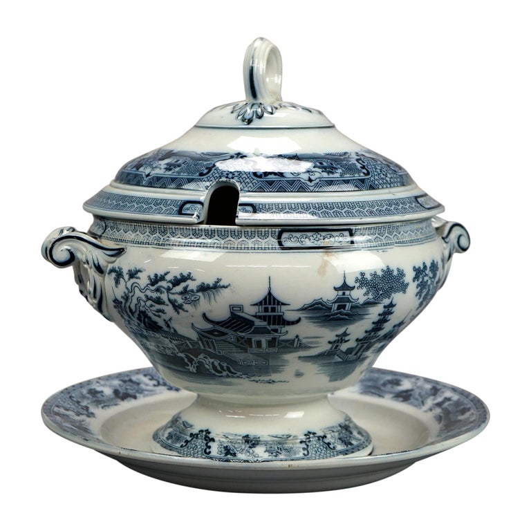Antique Shanghai Flow Blue Porcelain China Soup Tureen and Liner, Circa