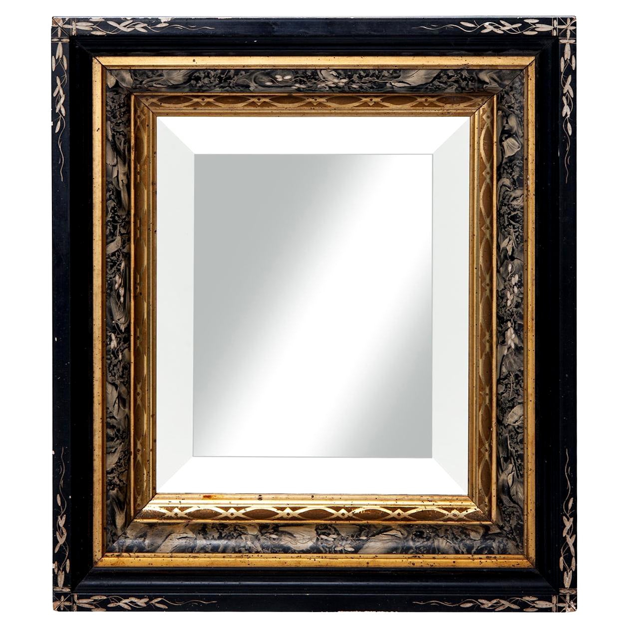 Eastlake Victorian Black & Gold Wide Cut Beveled Mirror For Sale