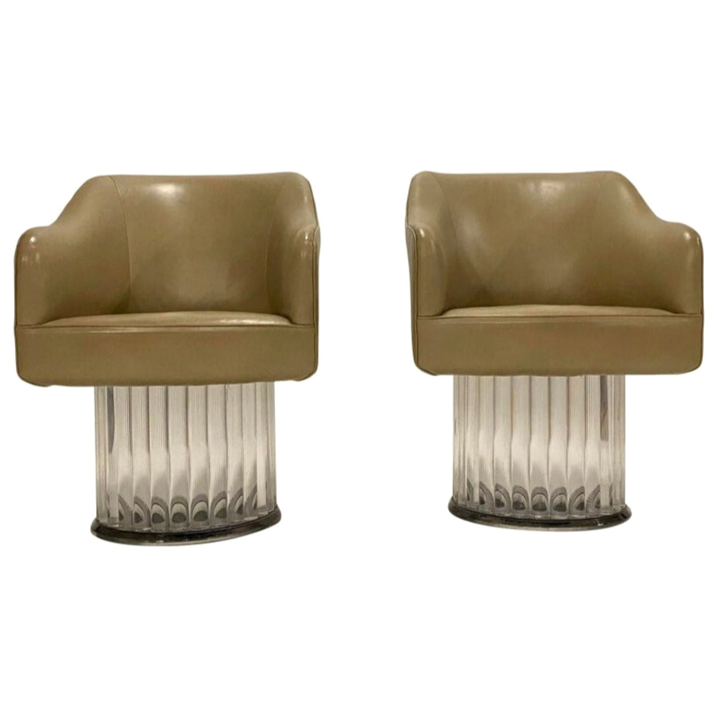 Pair of Space Age Swivel Arm Chairs on Lucite Base and Taupe Leather