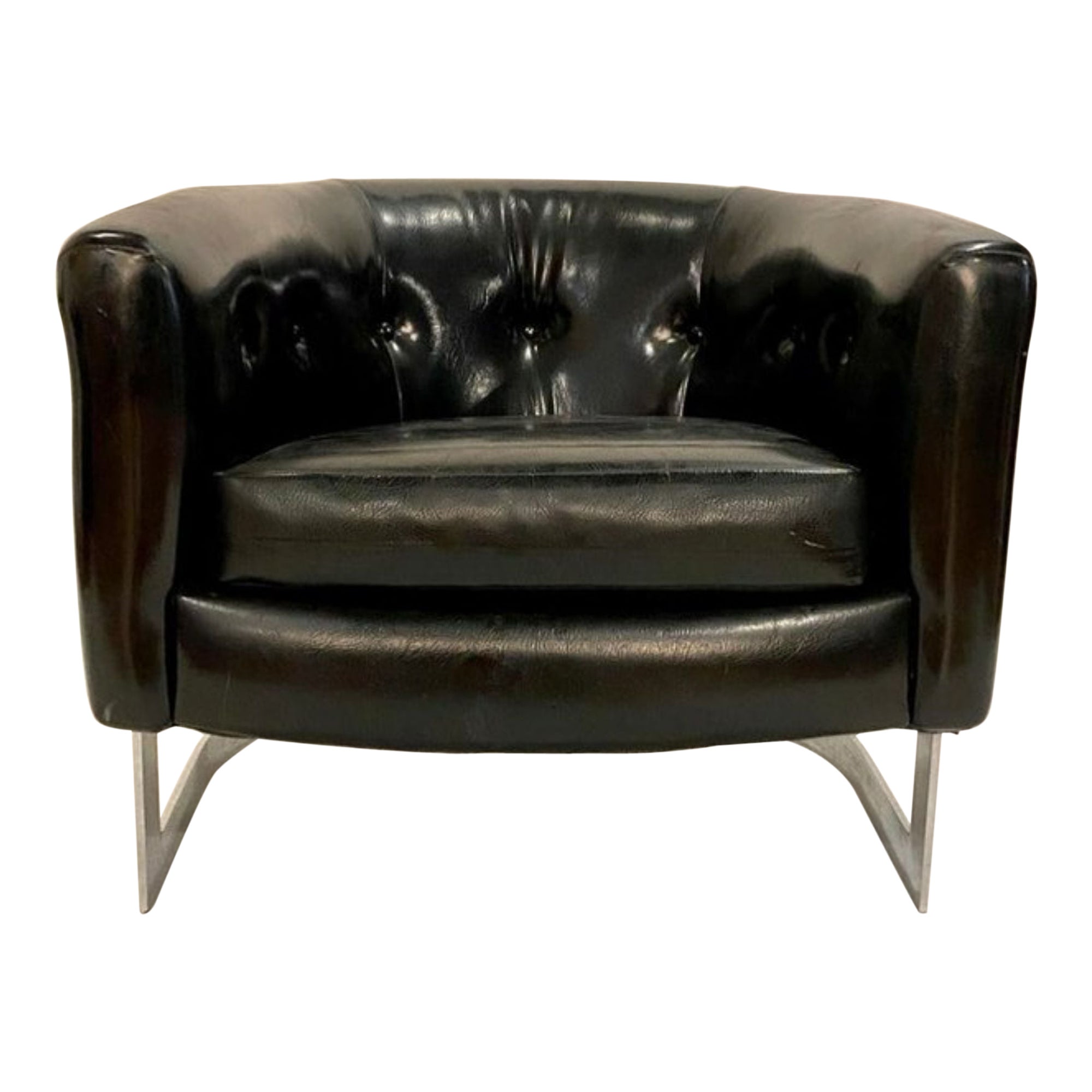 Milo Baughman Style Tub Chair in Black Vinyl Upholstery and Steel Frame For Sale