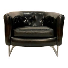 Milo Baughman Style Tub Chair in Black Vinyl Upholstery and Steel Frame