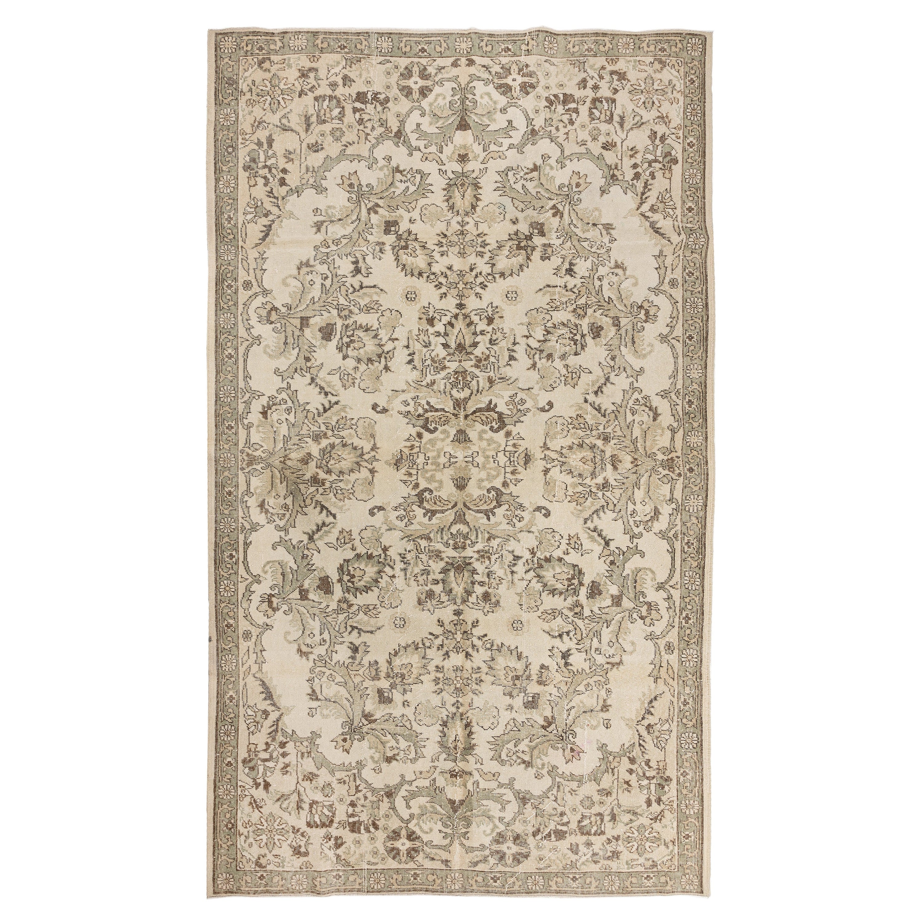 6.6x10 Ft Vintage Sun Faded Oushak Rug, Beige Handmade Anatolian Carpet