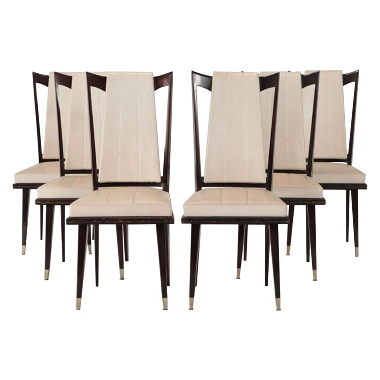 MidCentury French Dining Chairs in Vinyl Fabric and Wood Frame, Set of
