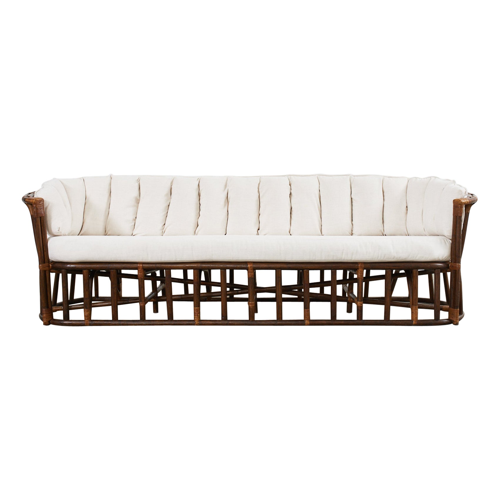 Midcentury Organic Modern Bent Rattan Sofa Demilune Ends For Sale