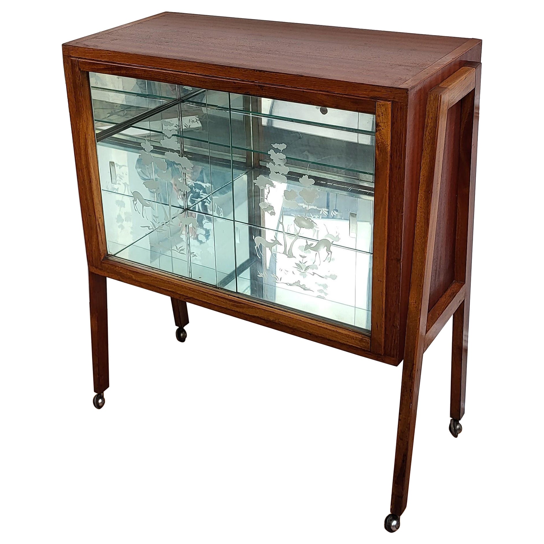 1950s Italian Art Deco Midcentury Regency Wood and Mirror Dry Bar Cabinet Cart