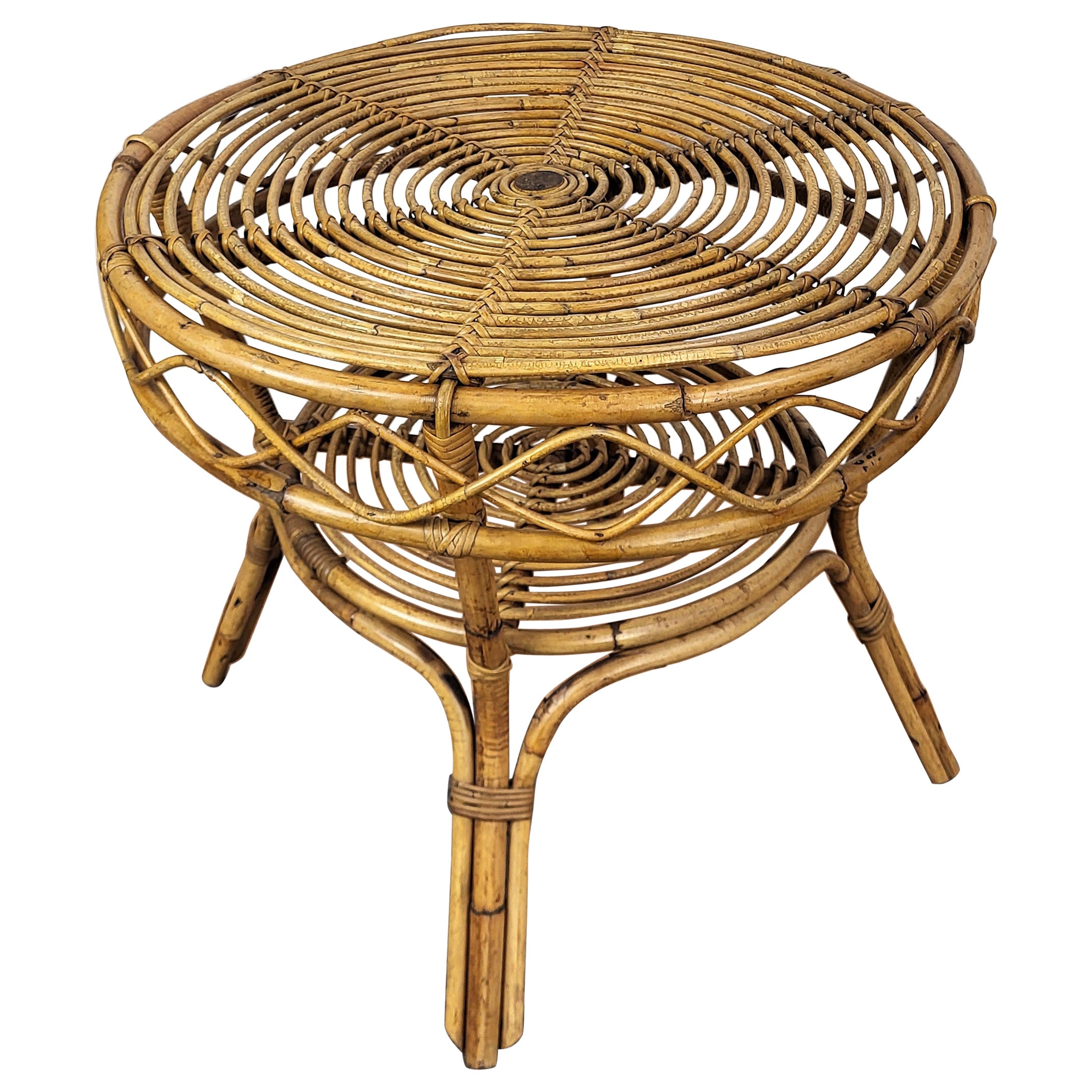 Table basse ronde italienne de la Côte d'Azur en bambou et rotin bohème, années 1960