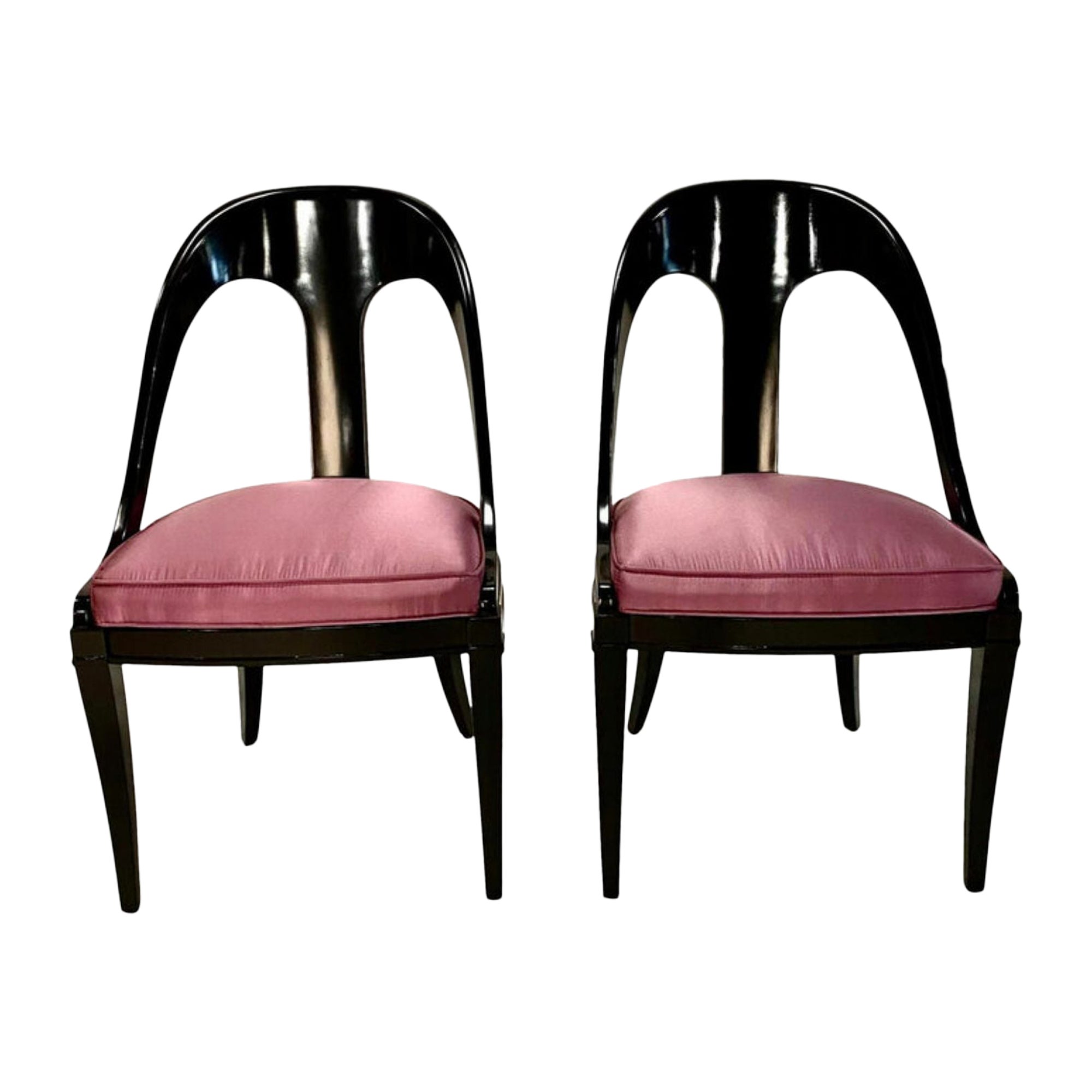 Pair of Mid-Century Neoclassic Style Spoon Chairs in Fabric and Wood Frame For Sale