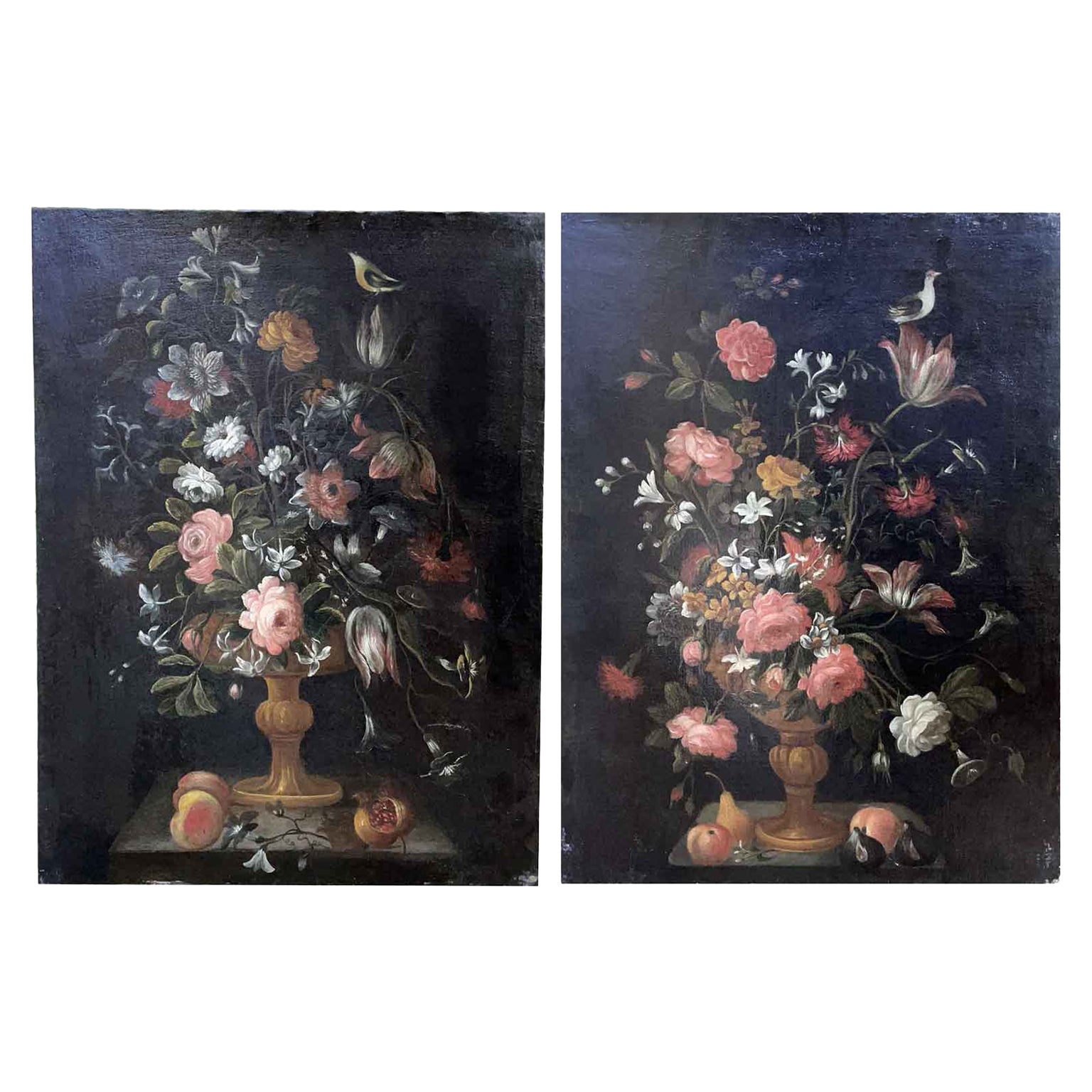Flowers Still Life Pair of 17th Century  Italian School Paintings Unframed  For Sale