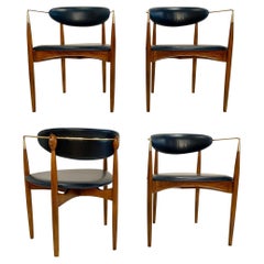 Dan Johnson Viscount Chairs in Navy Leather and Wood Frame by Selig, Set of 4