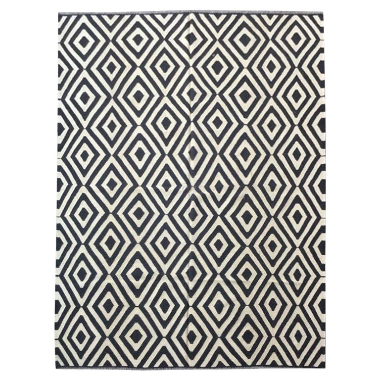 Handmade Geometric Wool Kilim Geometrical Black Design 3 00 X 2 50 handmade-geometric-wool-kilim-geometrical-black-design-3-00-x-2-50