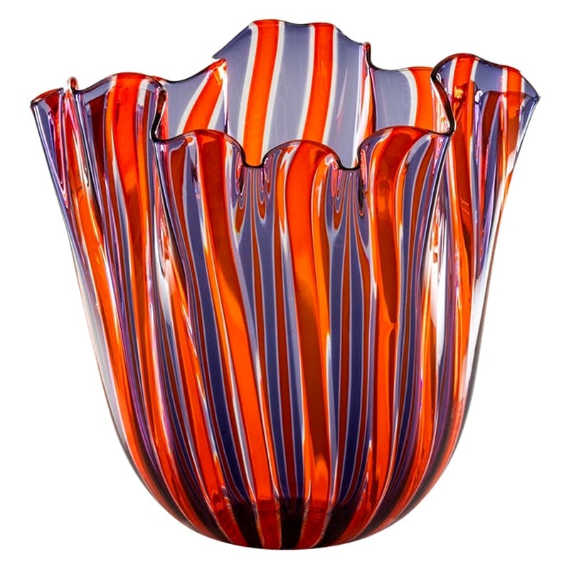 21st Century Fazzoletto A Canne Small Glass Vase in Crystal/Indigo/Orange For Sale