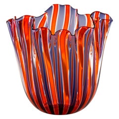 21st Century Fazzoletto A Canne Small Glass Vase in Crystal/Indigo/Orange