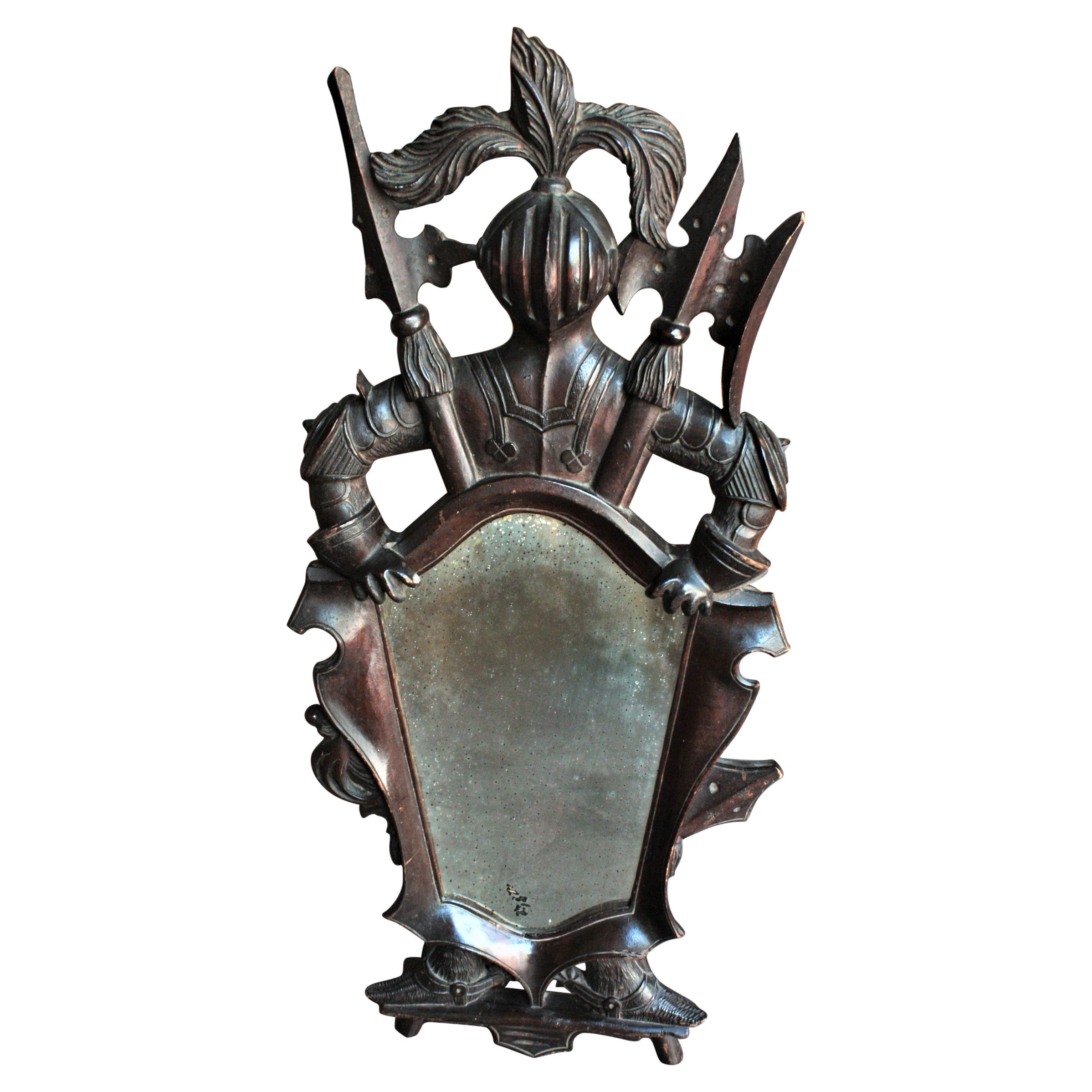 Spanisch Revival geschnitzt Holz Spiegel mit mittelalterlichen Ritter geformt Frame im Angebot