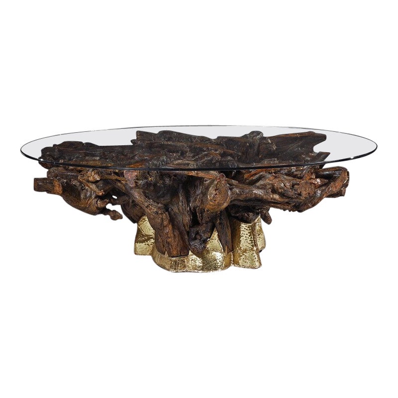 Mid 20th Century Brass Mounted Root Coffee Table With Oval Glass Top For Sale