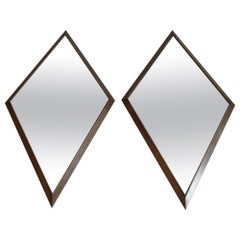 Pair of Mid-Century Diamond Shaped Mirrors in Walnut Frame