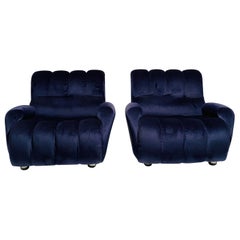 Vintage Velvet Blue Lounge Chairs, Set of Two, Italy 1980s