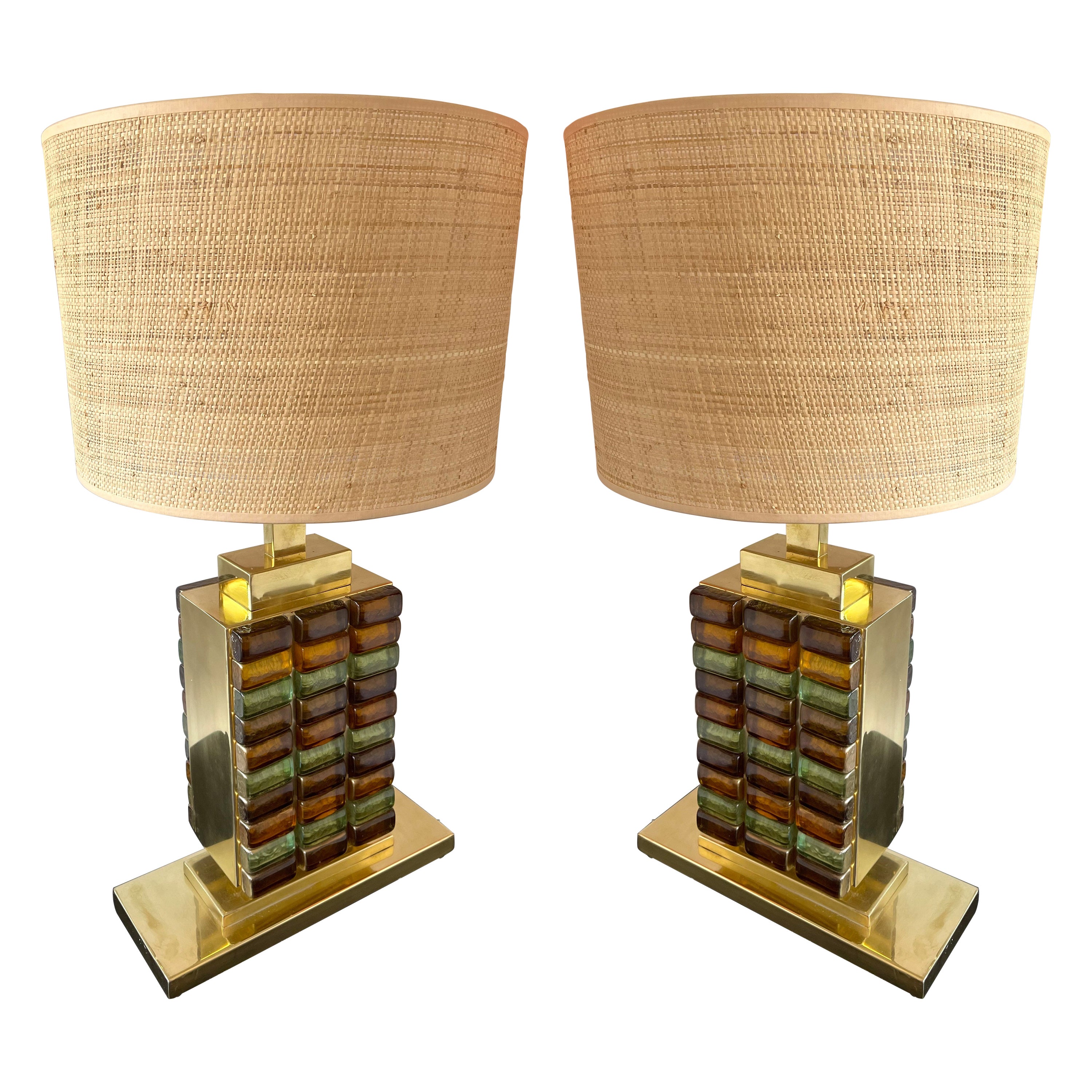 Contemporary Paar Lampen aus Messing und Murano Glas Cabochon, Italien im Angebot
