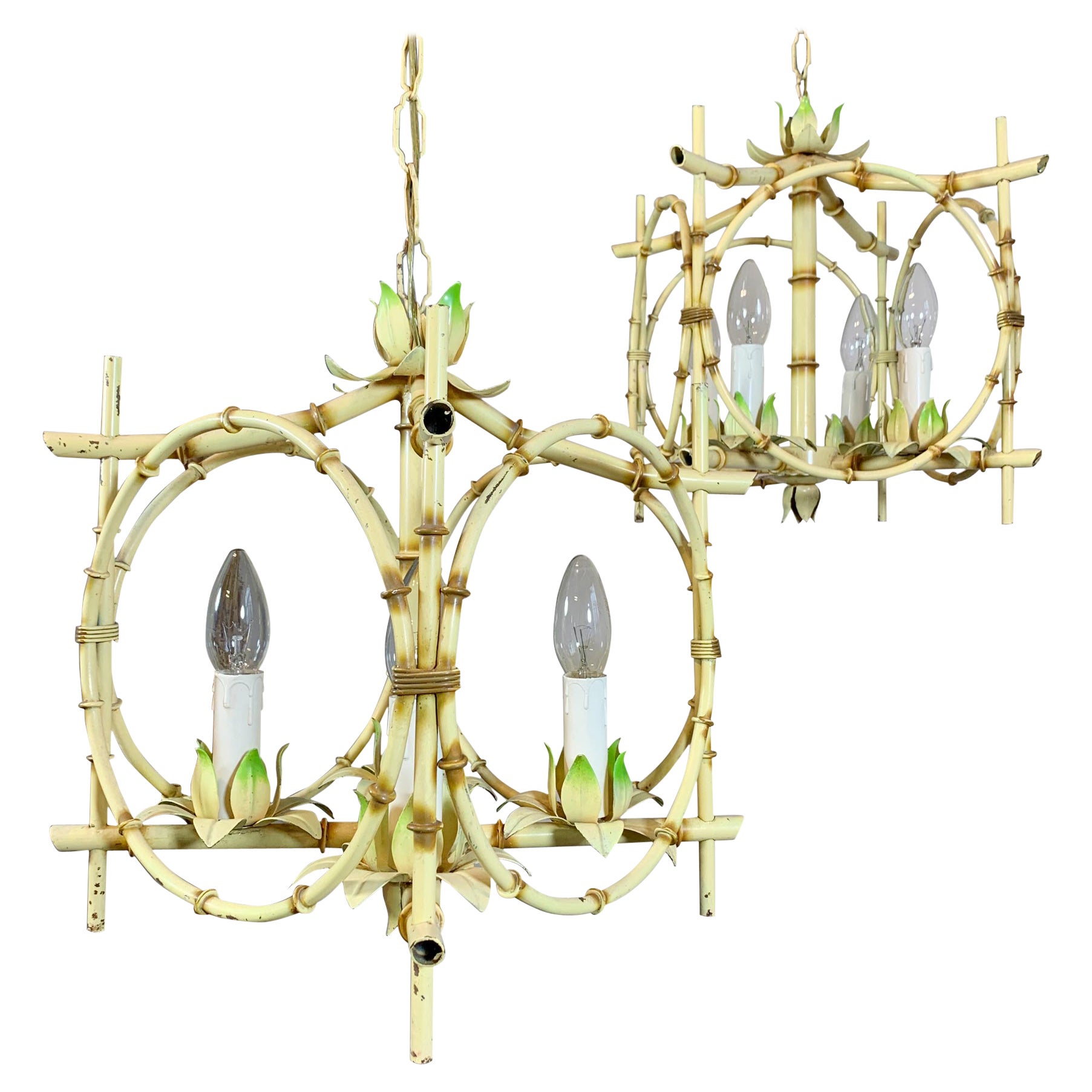Pair of Faux Bamboo Pagoda Chandeliers Italy 1950's For Sale